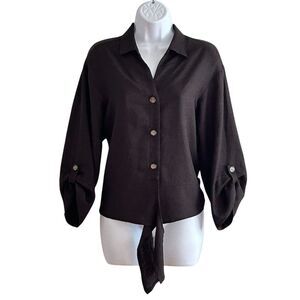 Anna K Women's Black Long-Sleeve Button Blouse Tie Front M